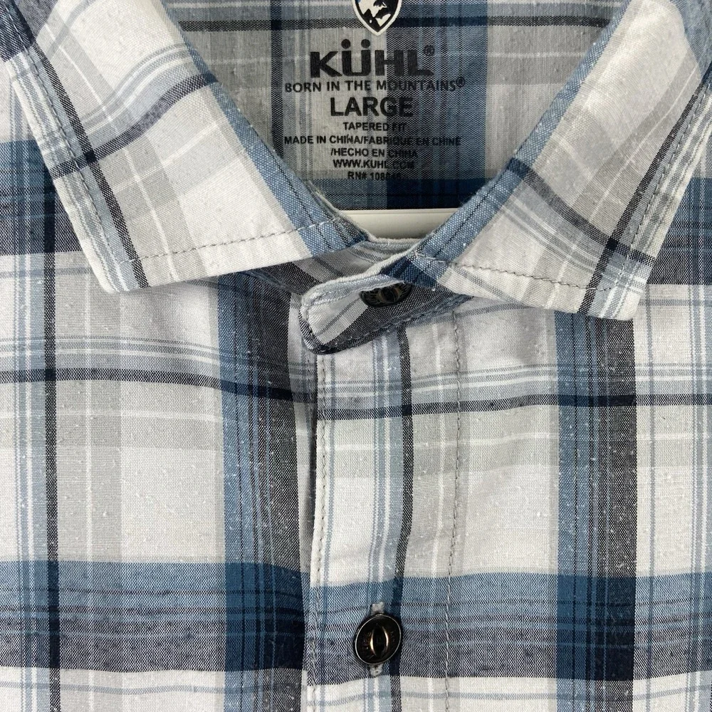 KUHL Shirt Mens Large STYK Button Up Blue Plaid Short Sleeve Pockets Outdoor